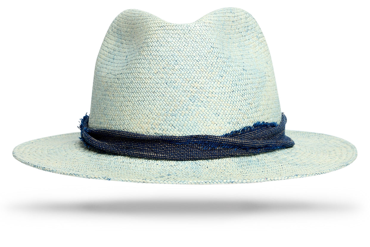 Indigo Natural Woven Straw Hat with Teardrop Crown