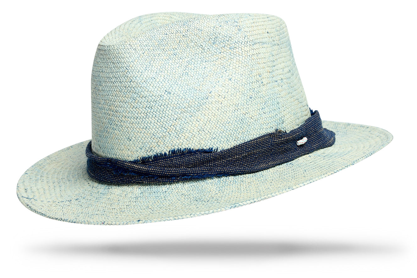 Indigo Natural Woven Straw Hat with Teardrop Crown