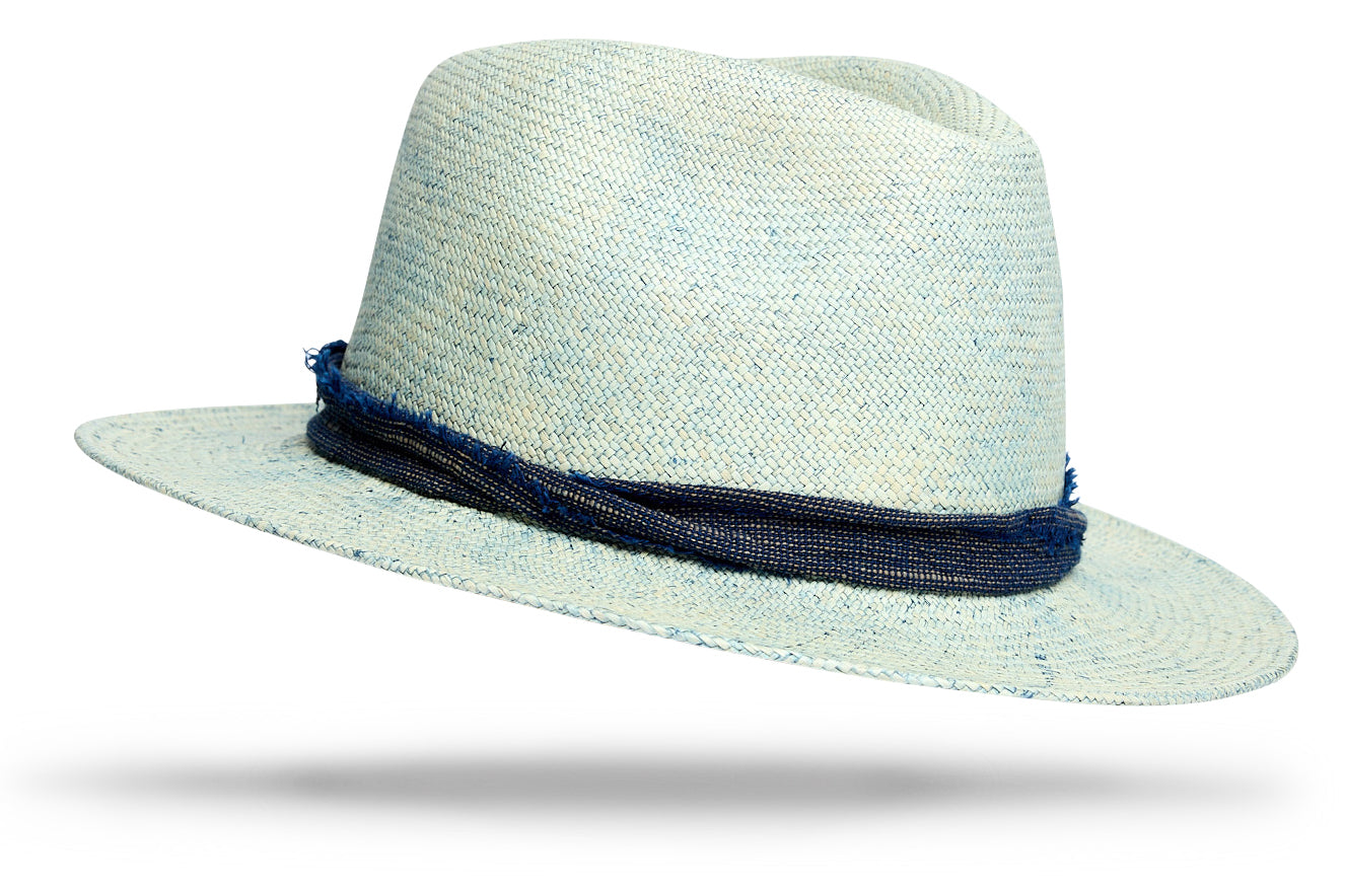 Indigo Natural Woven Straw Hat with Teardrop Crown