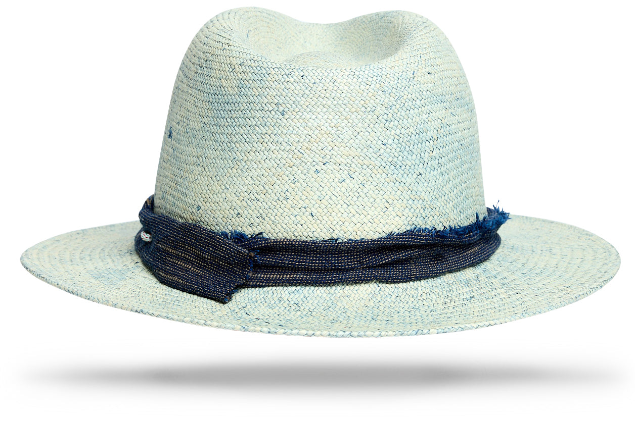 Indigo Natural Woven Straw Hat with Teardrop Crown