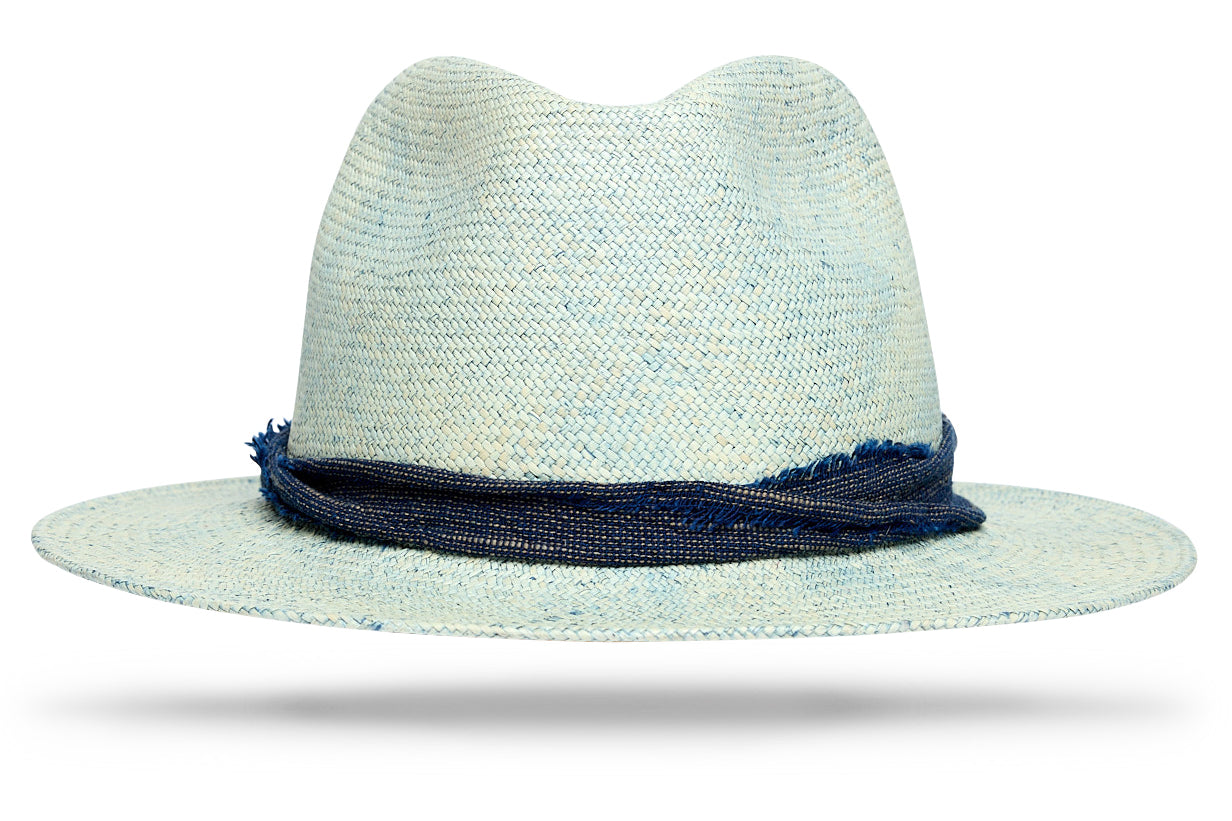 Indigo Natural Woven Straw Hat with Teardrop Crown